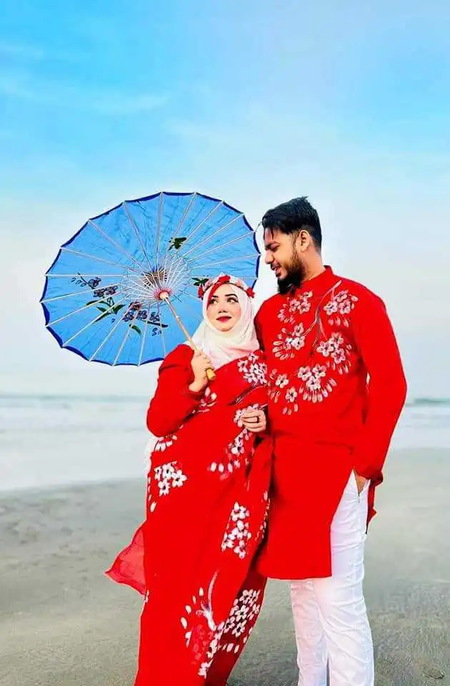 🔥কাপল সেট হাফ সিল্ক হ্যান্ড প্রিন্ট শাড়ী এন্ড পাঞ্জাবি🔥