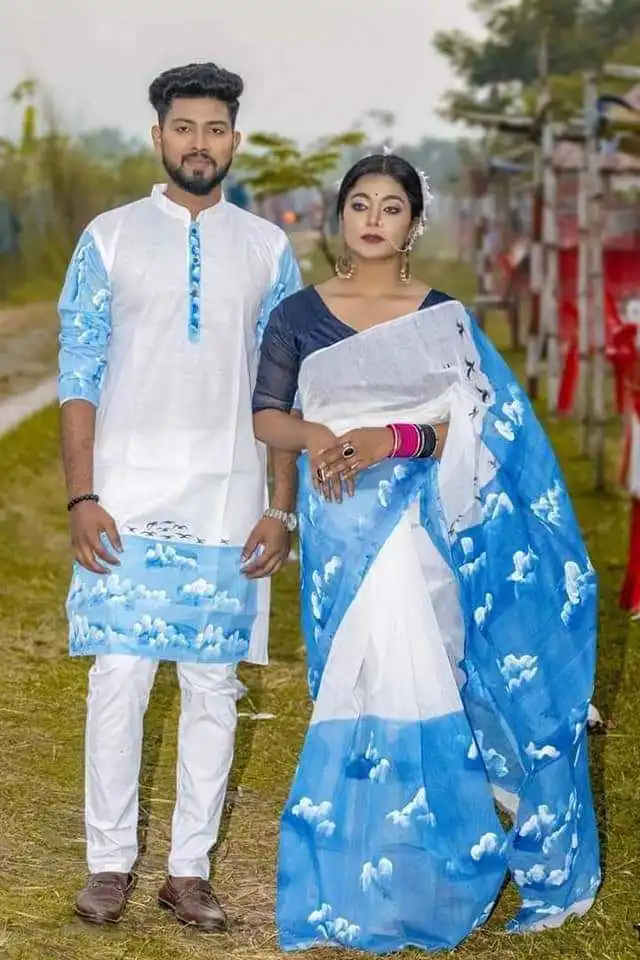🔥কাপল সেট হাফ সিল্ক হ্যান্ড প্রিন্ট শাড়ী এন্ড পাঞ্জাবি🔥