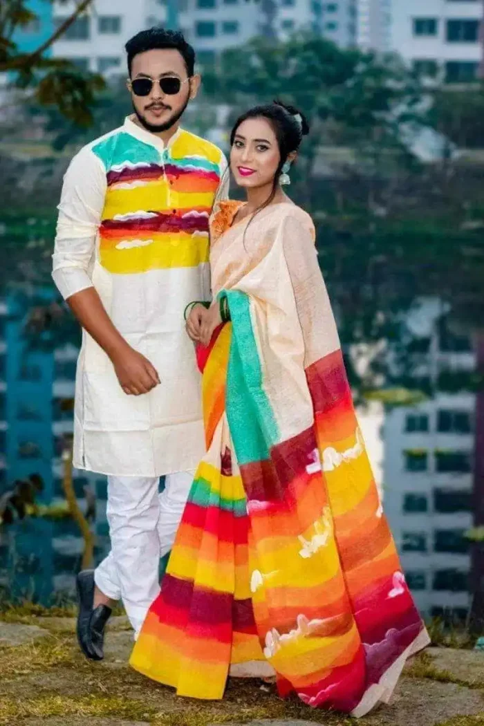 🔥কাপল সেট হাফ সিল্ক হ্যান্ড প্রিন্ট শাড়ী এন্ড পাঞ্জাবি🔥