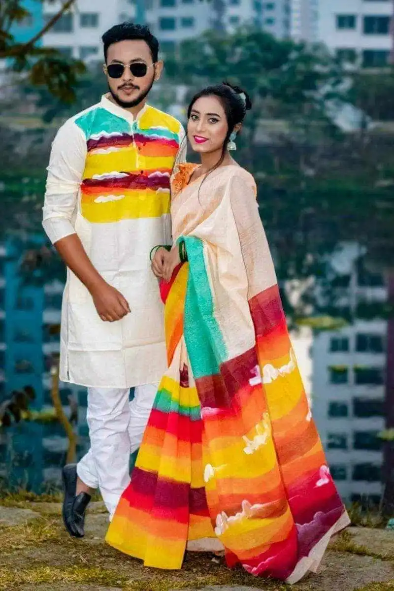 🔥কাপল সেট হাফ সিল্ক হ্যান্ড প্রিন্ট শাড়ী এন্ড পাঞ্জাবি🔥