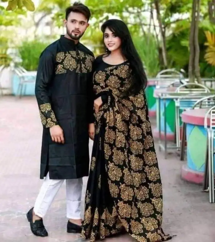 🔥কাপল সেট হাফ সিল্ক হ্যান্ড প্রিন্ট শাড়ী এন্ড পাঞ্জাবি🔥